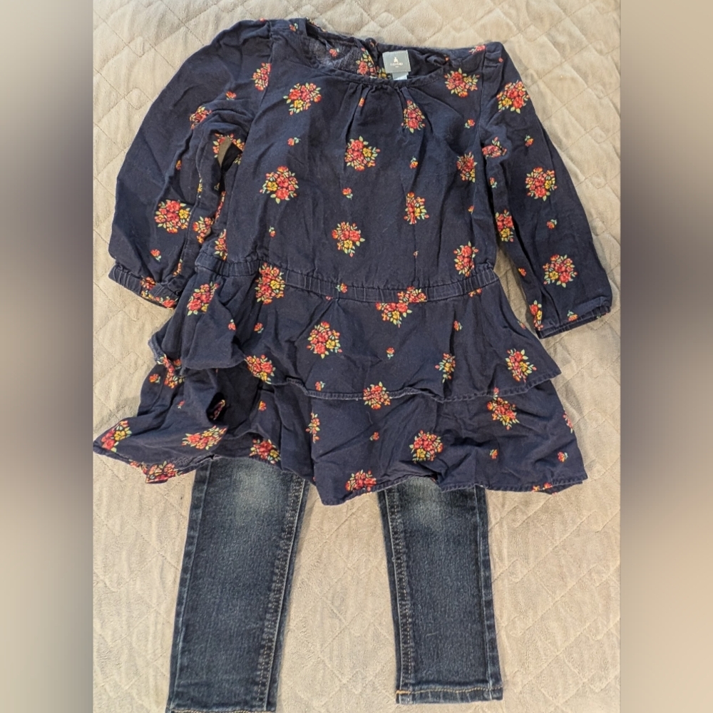GAP 3T Floral Navy Ruffled Tunic with Jeans Set